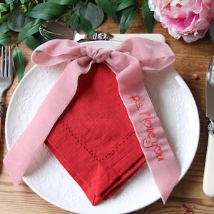 Lazo de terciopelo para San Valentín, Lazo de terciopelo "PS. Te amo", Servilletas románticas para San Valentín, Decoración de mesa para San Valentín, Detalles de San Valentín