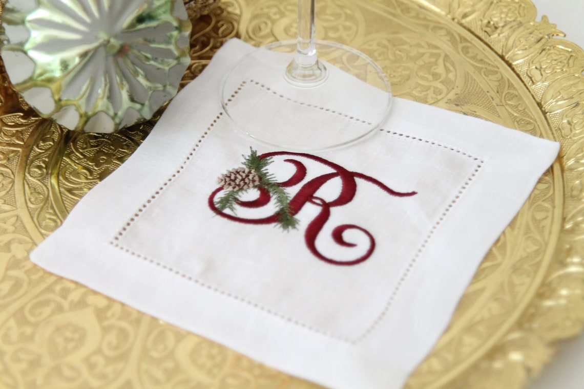 Christmas Monogram Cocktail Napkins Linen Hemstitch Napkin Etsy