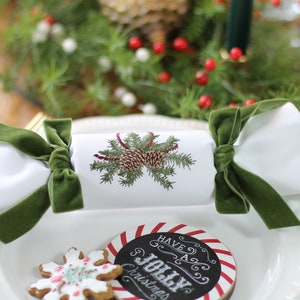 May include: A white napkin with a green velvet ribbon tied around it. The napkin has an embroidered design of pine cones and branches. The napkin is on a white plate with a red and white striped coaster that says "Have a Jolly Christmas".