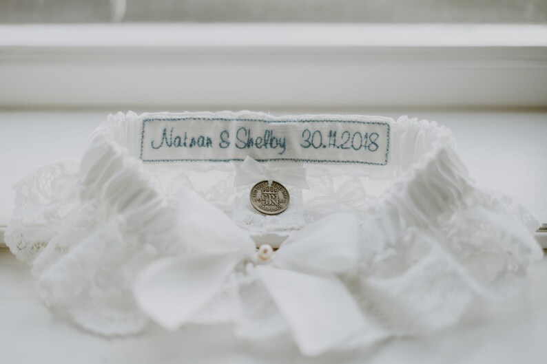 Betsy Personalised Lace Garter, Luxury Garter, Lace Garter, Bespoke Garter, Sixpence Garter, Personalised Garter, Ivory Silk Garter image 3