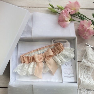 Betsy Personalised Lace Garter, Luxury Garter, Lace Garter, Bespoke Garter, Sixpence Garter, Personalised Garter, Champagne Silk Garter image 2