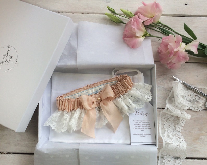 Betsy Personalised Lace Garter, Luxury Garter, Lace Garter, Bespoke Garter, Sixpence Garter, Personalised Garter, Champagne Silk Garter image 2