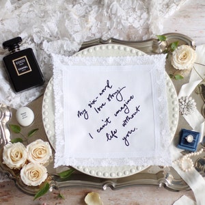 Personalisiertes Handschrift Taschentuch, handgefertigtes Nottingham Lace Taschentuch, Ihre eigene Handschrift bestickt, personalisiertes Handschriftgeschenk