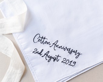 Cotton Anniversary Gift, Personalised Anniversary Gift, Second Wedding Anniversary Gift for Him, Cotton Anniversary Handkerchief & Gift Box