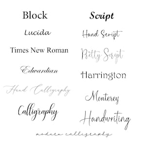 Op de afbeelding: Een lijst met verschillende lettertypen, waaronder Block, Script, Lucida, Hand Script, Times New Roman, Pretty Script, Edwardian, Harrington, Hand Calligraphy, Monterey, Calligraphy, Handwriting en moderne kalligrafie.