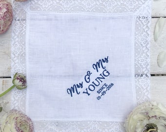 Mrs & Mrs Personalised  Handkerchief Gift, Linen Handkerchief with Cotton Lace, Linen Anniversary Gift,  Cotton Anniversary Gift