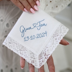 Brides Handkerchief, Handmade with Nottingham Lace, Wedding Handkerchief, Personalised Hankie, Lace Handkerchief In Gift Box
