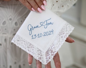 Brides Handkerchief, Handmade with Nottingham Lace, Wedding Handkerchief, Personalised Hankie, Lace Handkerchief In Gift Box