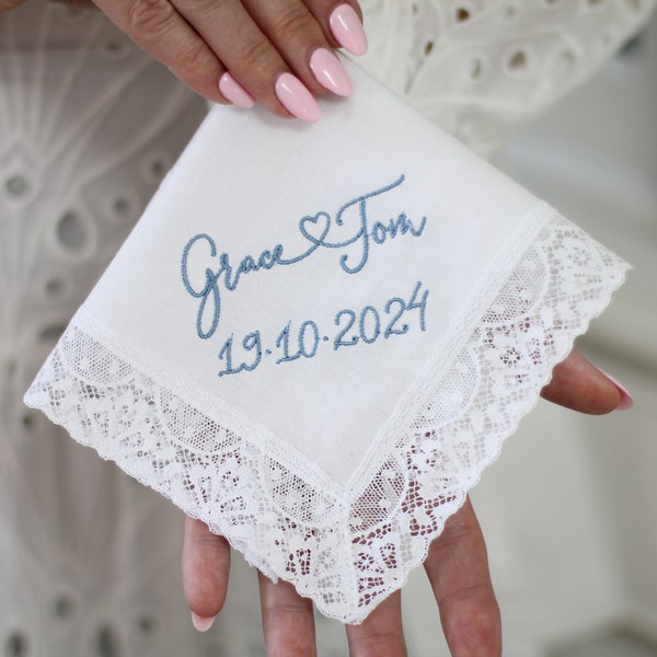 Brides Handkerchief, Handmade with Nottingham Lace, Wedding Handkerchief, Personalised Hankie, Lace Handkerchief In Gift Box