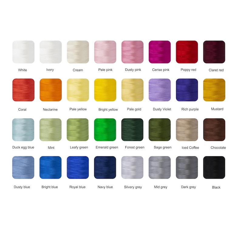 Op de afbeelding: Een kleurenkaart met 36 verschillende kleuren borduurgaren, waaronder wit, ivoor, cr&egrave;me, lichtroze, poederroze, kersenroze, papaverrood, wijnrood, koraal, abrikoos, lichtgeel, heldergeel, lichtgoud, poederpaars, donkerpaars, mosterd, lichtblauw, mint, bladgroen, smaragdgroen, bosgroen, saliegroen, ijskoffie, chocolade, stofgrijs, helderblauw, koninklijkblauw, marineblauw, zilvergrijs, middengrijs, donkergrijs en zwart.