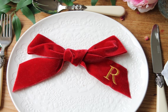 Monogram Velvet Ribbon - Monogram Velvet Ribbon Bow, Wedding Ribbon, Place Setting Idea, Monogram Ribbon Bow, Napkin Bow