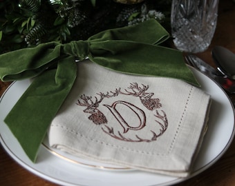 Cotton Hemstitch Napkins, Monogram Napkins, Stag Napkins, Stag Monogram Napkins, Stag Table Decor, Christmas Napkins, Christmas Stag Decor