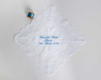 Personalised Wedding Handkerchief, White Personalised Ladies Handkerchief, White Brides Handkerchief, Luxury Wide Lace Handkerchief Gift Box