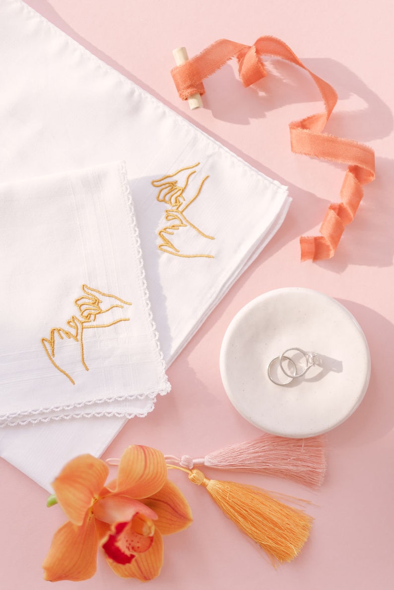 Pinkie Promise Gift, Wedding Handkerchief Set, Brides Handkerchief, Groom Handkerchief, Pinkie Promise For Your Bride and Groom, Embroidered image 1