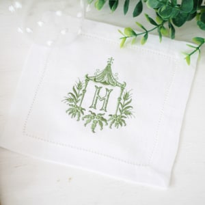 Personalised Monogram Cocktail Napkins, Linen Hemstitch Napkin, Monogram Table Linen, Monogram Coaster. Pagoda Monogram, 15cm Linen Napkin