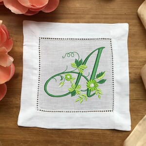Personalised Monogram Cocktail Napkins, Linen Hemstitch Napkin, Monogram Table Linen, Monogram Coaster. Floral Monogram, 15cm Linen Napkin