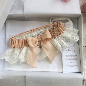 Betsy Personalised Lace Garter, Luxury Garter, Lace Garter, Bespoke Garter, Sixpence Garter, Personalised Garter, Champagne Silk Garter image 1