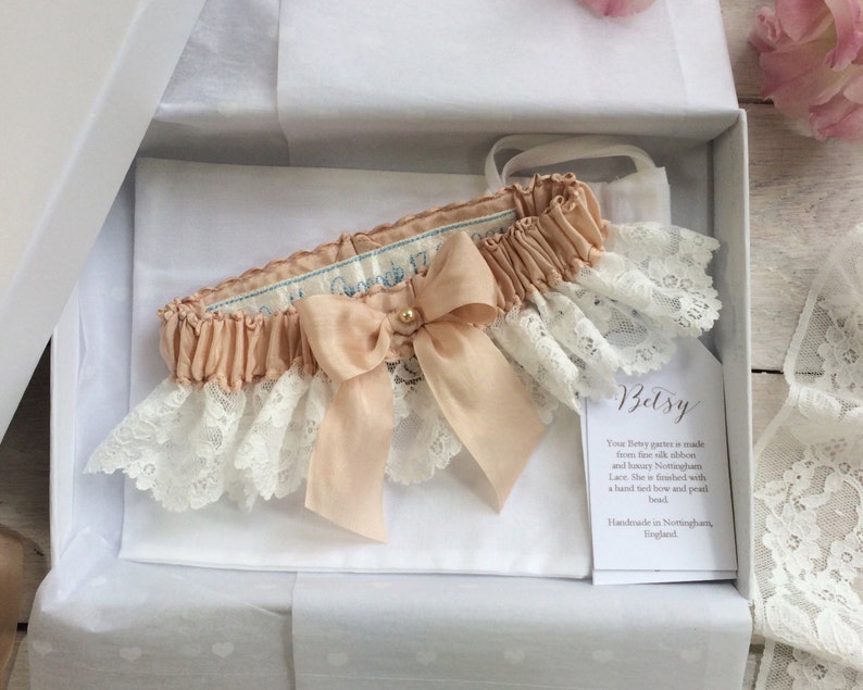 Betsy Personalised Lace Garter, Luxury Garter, Lace Garter, Bespoke Garter, Sixpence Garter, Personalised Garter, Champagne Silk Garter image 1