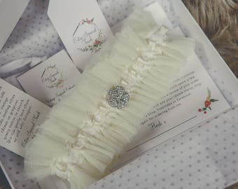 Martha - Ivory Silk Tulle Garter, Ivory Garter, Personalised Garter, Wedding Garter, Bespoke Garter, Silk Garter, Diamante Brooch Trim