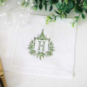 Personalised Monogram Cocktail Napkins, Linen Hemstitch Napkin, Monogram Table Linen, Monogram Coaster, Pagoda Monogram, 15cm Linen Napkin