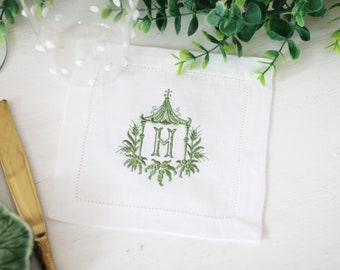 Personalised Monogram Cocktail Napkins, Linen Hemstitch Napkin, Monogram Table Linen, Monogram Coaster, Pagoda Monogram, 15cm Linen Napkin