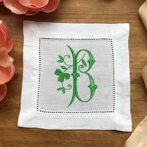 Personalised Monogram Cocktail Napkins, Linen Hemstitch Napkin, Monogram Table Linen, Monogram Coaster. Shamrock Monogram, 15cm Linen Napkin