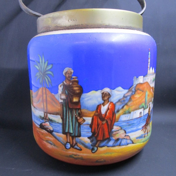 Vintage English Biscuit Barrel, Middle East Theme Ceramic and Silverplate Canister, No Lid, European Style Cookie Jar