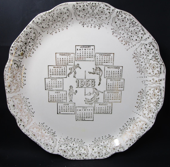 1968 Calendar Plate, 10 1/4 White Porcelain Plate With Gold Filigree Border  - Etsy