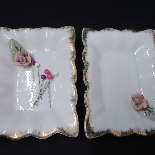 Pair of Nut Dishes Pink Roses Individual Ashtrays Ring dishes Japan Soap Dish