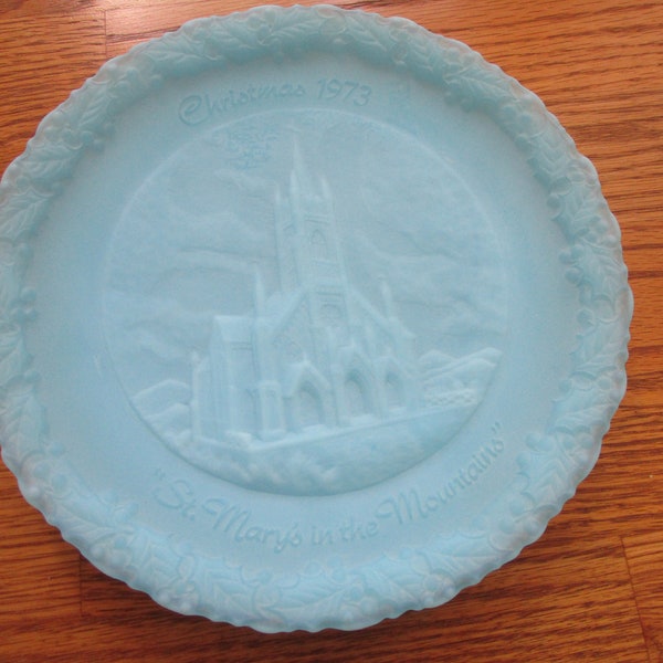 Fenton 1973 "St. Mary's in the Mountains" Plate Christmas in America Series #4 Blue Pressed Glass Relief