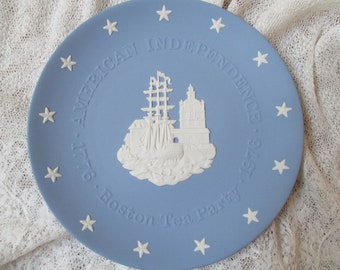 Wedgwood Plate Boston Tea Party, Jasperware, Commemorative Plate, Bicentennial, Blue and White, made in England, Bisque china, Raised Relief