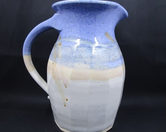 Studio Pottery 28 Oz Pitcher Blue and White Milk or Water Pitcher Artist Signed