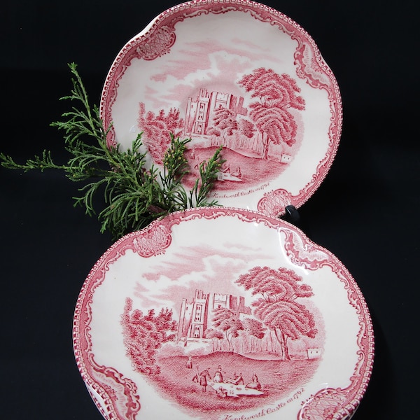 Kenilworth Castle Saucers, set of 4, "Old British Castles" Pink Johnson Brothers 5 3/4" Saucers Made in England Pink Transferware