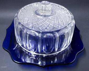 Cobalt Blue with Clear Cover Butter Dish Cheese Dish Imperial Glass Domed Dish