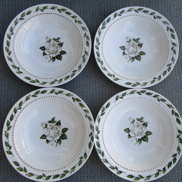 Hall "Cameo Rose" Berry Bowls Mary Dunbar Set of 4 White Rose Gold Dots Replacement Discontinued Pattern