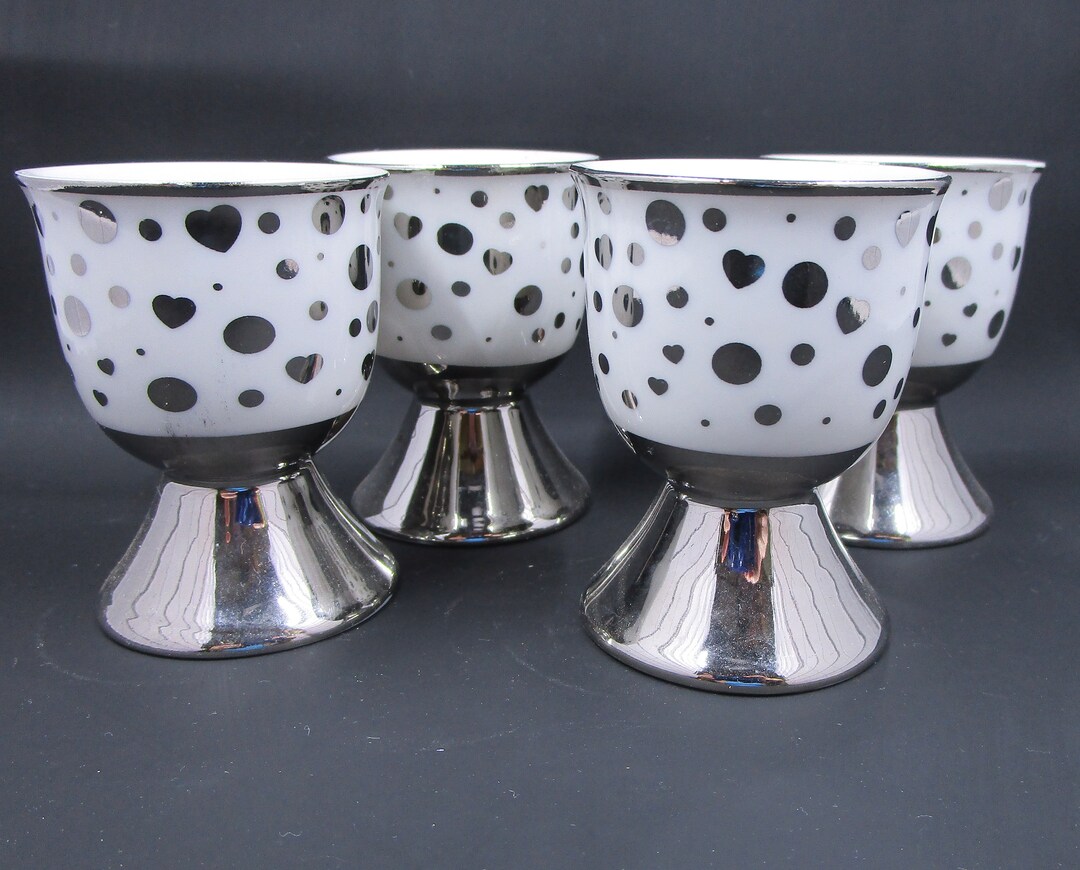 White Egg Cups With Silver Dots, Pedestals, Set of 4, Contemporary
