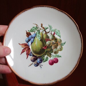 May include: A white porcelain saucer with a gold rim features a hand-painted design of pears and plums. The fruit is depicted in a realistic style with green pears, purple plums, and red cherries.