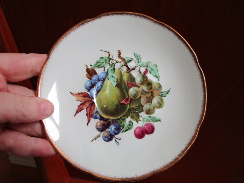 May include: A white porcelain saucer with a gold rim features a hand-painted design of pears and plums. The fruit is depicted in a realistic style with green pears, purple plums, and red cherries.