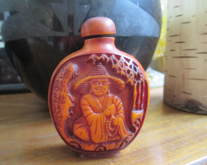 Featured listing image: Chinese Snuff Bottle Amber Hand Carved Asian Collectible Holy Man Snuff Box