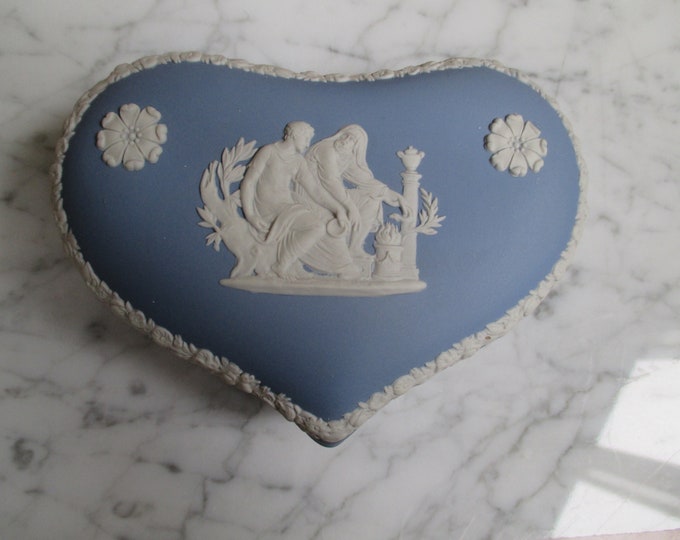 Featured listing image: Wedgwood Heart Shape Lidded Box Blue Jasperware 5" Trinket Jewelry Box, 1957