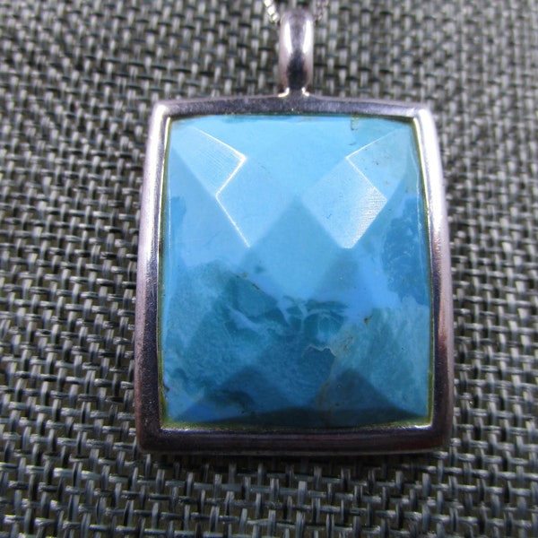 Necklace With Turquoise Faceted Stone 925 Silver Box Chain Thailand Turquoise 17 1/2" chain