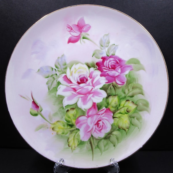 Lefton Rose Bouquet Plate 8" Display Plate Pink Roses Pink Background Vintage Cabinet Plate