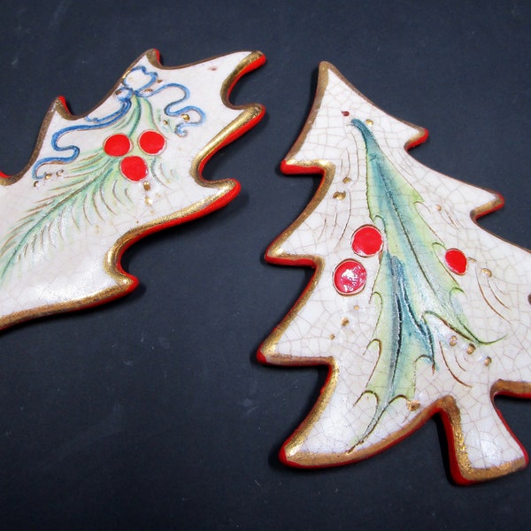 Veneto Flair Italian Christmas Tree Ornaments 1975, Mint Condition In Original Box Tree & Holly Leaf Shape