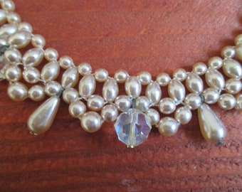 Pearl Beaded collar necklace Aurora Borealis beads with faux pearls