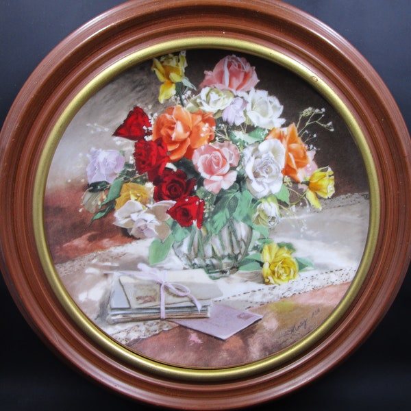 WL George “Roses” Plate, Vieonne Morley, 1988 Flowers of Your Garden series, First Issue Framed Still Life