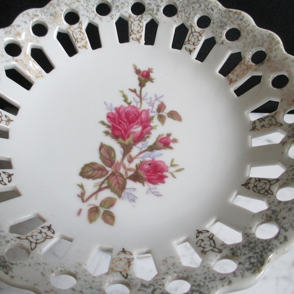 White Pedestal Candy Dish pink rose center scalloped reticulated edge