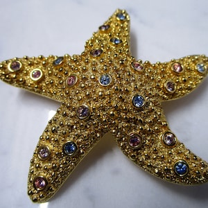 Swarovski Starfish Brooch Retired Blue Pink Crystals on 2&quot; Gold-toned Textured Star Shape Swan Logo