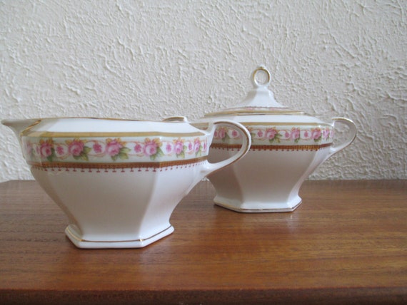 M Z Austria Cream and Sugar 6 ounce cream pitcher lidded sugar Pink Rose and Gold motif