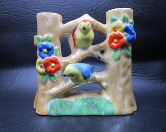 Lusterware Double Bud Vase MCM Colorful Pair Parrot Birds Tree Trunk Flower Vase, Kitschy Vase, Love Birds Vintage Japanese Majolica