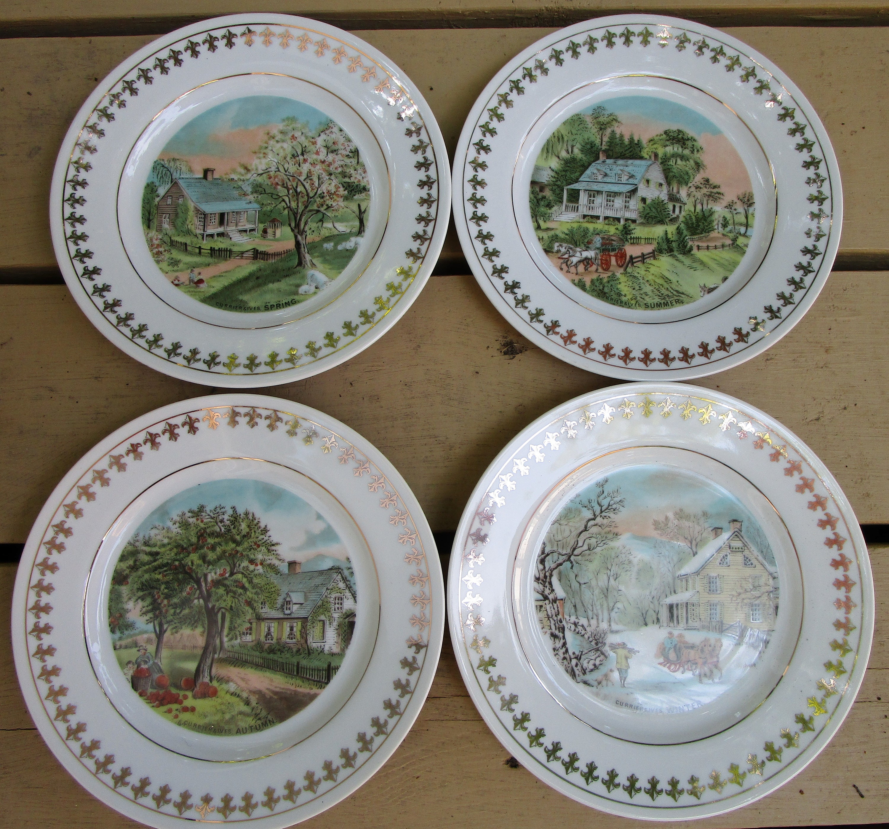 Roy Thomas Currier Ives 8 1 4 Plates The Four Seasons Set of 4 1980 Fleur de Lis Border